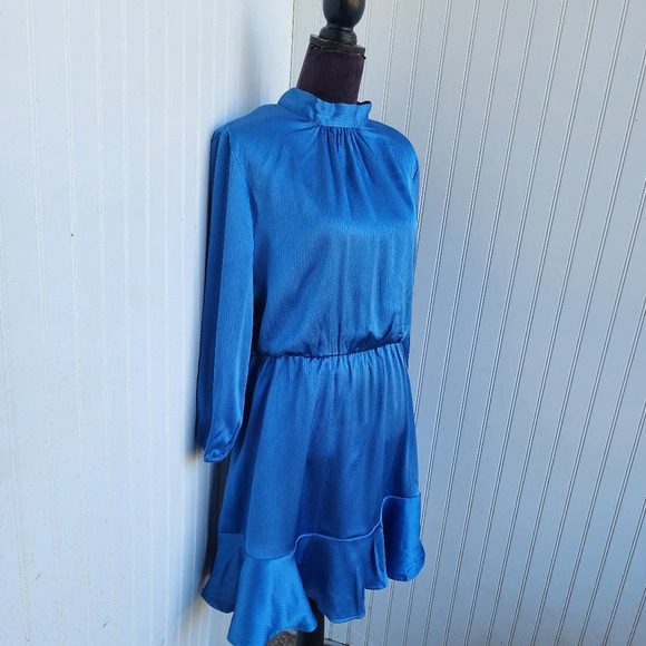 NWT BTFBM Blue Turquoise 3/4 Sleeve Satin Mini Stretch Dress A-Line Ruffle Hem L - Picture 4 of 16